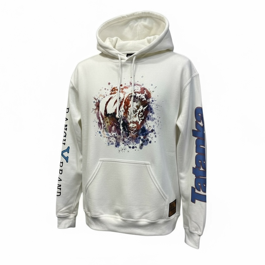White hoodie with a colorful tiger design on a white background